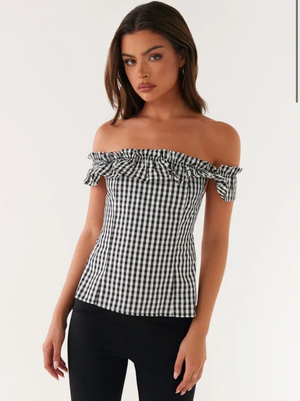 Peppermayo Black & White Gingham Off-Shoulder Ruffle Camisole